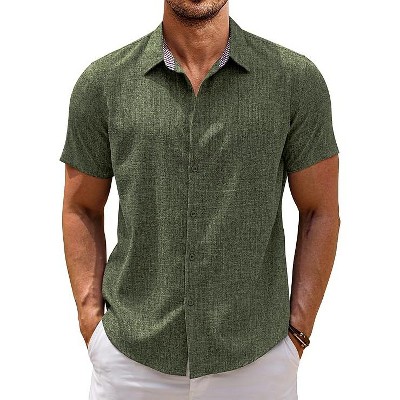 COOFANDY Mens Linen Shirt Short Sleeve Button Down Shirts Casual Plaid Collar Summer Beach Shirts S-XXXL