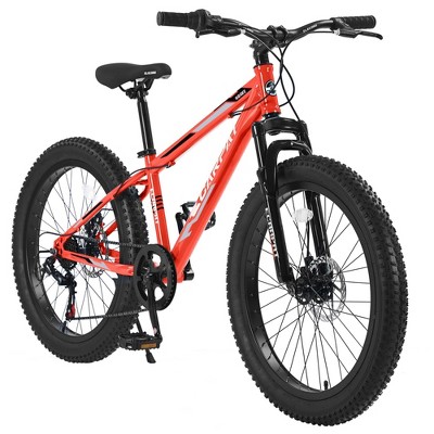NAYSAYE 24 Inch Fat Tire Mountain Bike with 7 Speed Shifter Dual Disc Brake for Adults and Youth, Orange, 67"*25"*40"