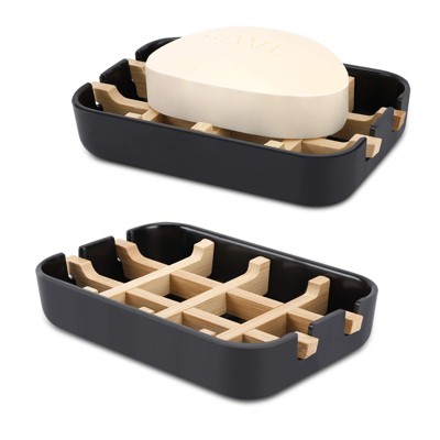 Aoibox Bamboo Wooden Soap Dish with Drainage for Bathroom, Bar Soap Holder for Sink, Deck, Bathtub, Shower Tray (Black)
