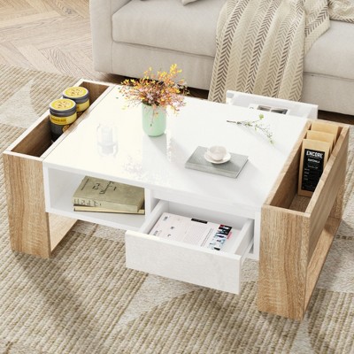 KIGFTSOD High Glossy Rectangle Coffee Table with 2 Drawers, Hidden Compartments and Open Storage Shelf for Living Room, Bedroom