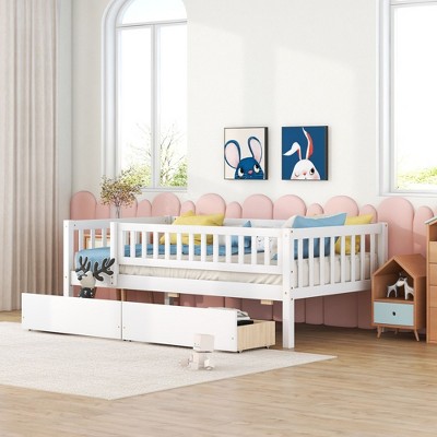 NicBex Twin Size Wooden Daybed, Modern Sofa Bed Frame with 2 Storage Drawers, Guardrails and Opening for Boy and Girl
