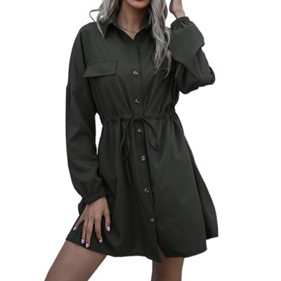 Women's Shirt Dress with Drawstring Waist - Long Sleeve Button-Up Mini Dress with Chest Pockets