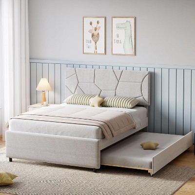 Garvee Full/Queen Size Upholstered Platform Bed with Twin Trundle - Pull Out Bed Frame with Headboard, Wood Slats, for Guest & Kids Rooms, Grey