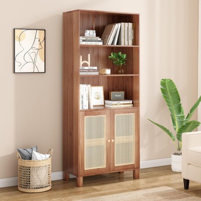 Sevobal Decorarive5 Shelf Bookshelf with Doors Tall Bookcase Display Shelves for Home Office, Beige, 29.9"*14.6"*70.9"