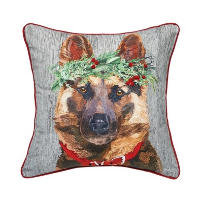 C&F Home German Shepard Dog Wearing a Red Holly Flower Crown Printed & Embellished Throw Accent Decor Pillow, 18" x 18"