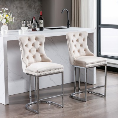 DOMETOUR 25" Counter Height Bar Stools Set of 2 Modern Velvet Upholstered Barstools with Button Back & Rivet Trim
