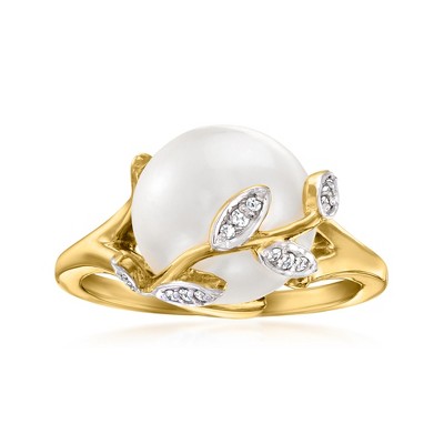 Ross-Simons 11-11.5mm Cultured Pearl Leaf Ring With Diamond Accents in 18kt Gold Over Sterling