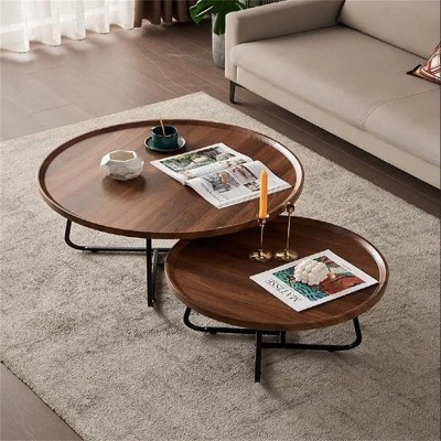 Round Nesting Coffee Table Set of 2, Mid Century Modern Fluted Design Coffee Tables for Reception Area Bedroom Office