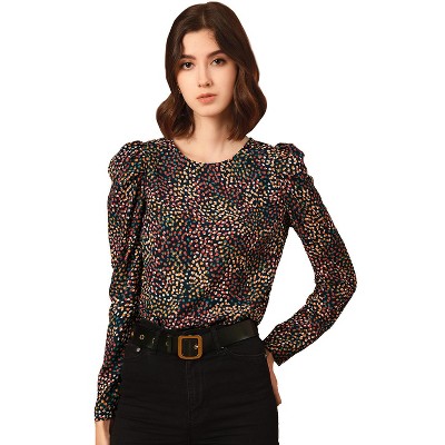 INSPIRE CHIC Women's Retro Puff Long Sleeve Round Neck Puffy Chiffon Blouse Tops