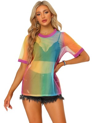 INSPIRE CHIC Women's Mesh Short Sleeve Cover Up See Through Sheer Tops