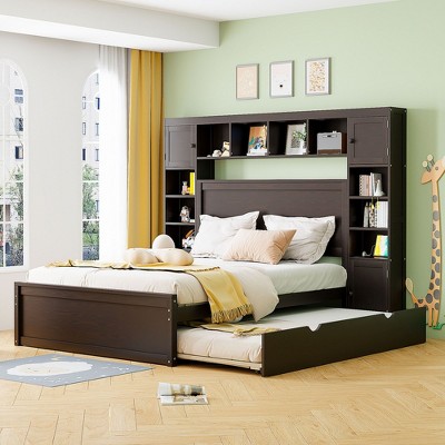 NicBex Full Size Wooden Storage Bed, Modern Platform Bed Frame with Twin Size Trundle, Shelves, Sockets and Cabinets for Bedroom