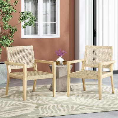 Set of 2 Wicker Weave Acacia Wood Outdoor Club Chairs, 34'' H Modern Rattan Mesh Back Patio Armchairs for Garden or Balcony-Coolbibila