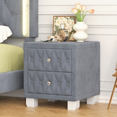 NicBex Modern Nightstand with Drawers,Velvet Bedside Table with Crystal Knobs,Night Stand with Button-Tufted,Side Table for Bedroom,Living Room