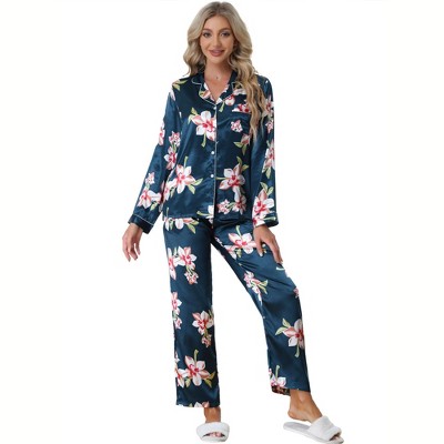 cheibear Women's Satin Silky Button Down Long Sleeve Sleepshirt with Pants 2 Pcs Pajama Set
