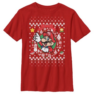 Boy's Nintendo Ugly Christmas Mario Wreath T-Shirt