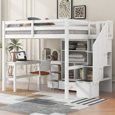 Wood Loft Bed Full Size with L-Shaped Desk and Drawers, Multi-Functional Full Loft Bed Frame with Cabinet and Storage Staircase