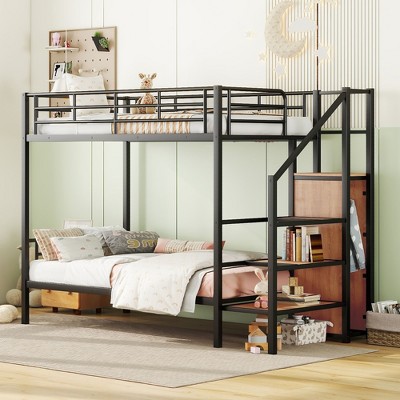 CAVINAS Twin/Full Size Modern Bunk Bed with Storage Shelf & Guardrails,Simple Metal Bed Frame for Bedroom,Kids Room