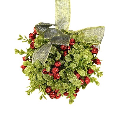 Ganz 4.0 Inch Mistletoe Hanging Kissing Ball Christmas Tree Ornament , Berries Ribbon (1PC)