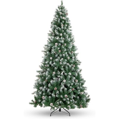 Pre-Lit Flocked Artificial Christmas Tree with Pine Cones,Full Natural Look Hinged Branch-ES Xmas Tree for Holiday Premium Stand and Indoor Decor