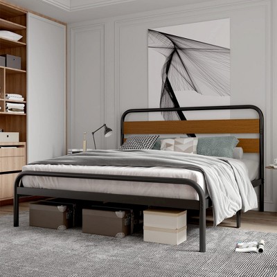 King Size Bed Frame, Heavy Duty Platform Frame with Wooden Headboard and Under-Bed Storage, Noise Free Design Mattress Foundation, Easy Assembly