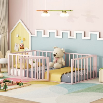 Gulches Twin Size Metal Floor Bed Frame with Fence, Door, Pink