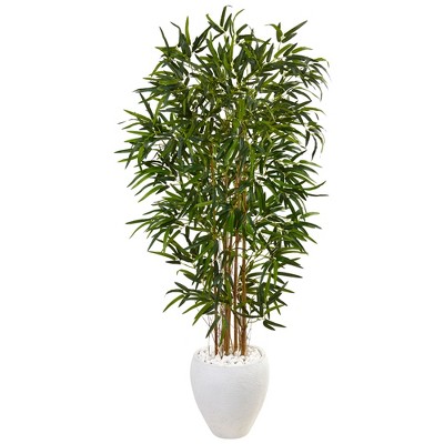 Nearly Natural 5-ft Bamboo Artificial Tree in Oval White Planter