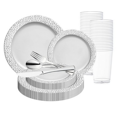 Smarty Had A Party White w/ Silver Hammered Rim Round Plastic Wedding Set - 60 Sets