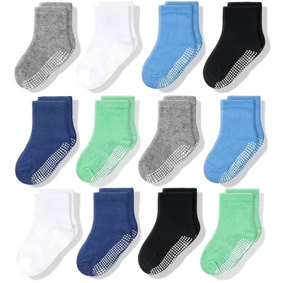 Cozyway Non-Slip Crew Grip Toddler Socks, 12 Pack for Boys, Black/White/Gray/Aqua Blue/Sky Blue/Lime Green, 1-3 Years Old