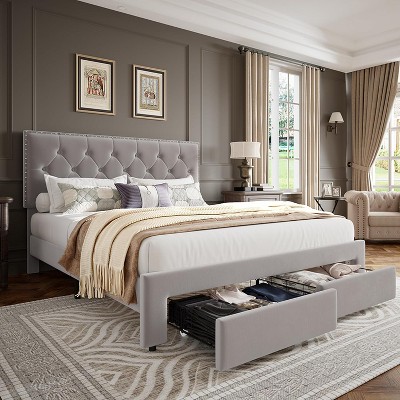 Bed Frame with 2 Storage Drawers, Vintage Velvet Upholstered Bedframe with Wooden Slat Support and Button Tufted Wingback Headboard