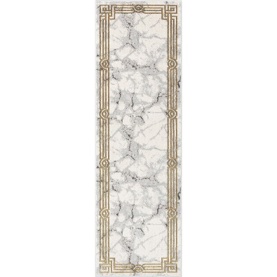 Well Woven Lezlee Grey Gold Retro Border Marble Area Rug