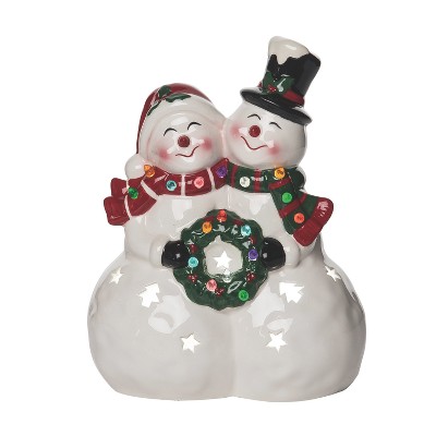 Transpac 10.25 in White Ceramic Christmas Light Up Snow Couple Decorative Object for Holiday Decor