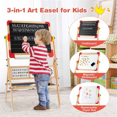 KTMBDW Kids Wooden Easel with Paper Roll - Adjustable Double Sided Drawing Board Whiteboard & Chalkboard Dry Easel Board, for 3~12 Years Kids