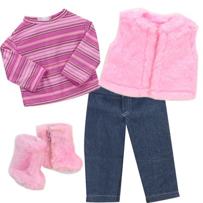 Sophia's - 18 inches Doll - Jeans, Stripe T, Fur Vest & Fur Boots Set - Light Pink