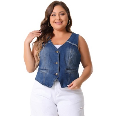 Agnes Orinda Women's Plus Washed Distressed V-Neck Sleeveless Denim Vest