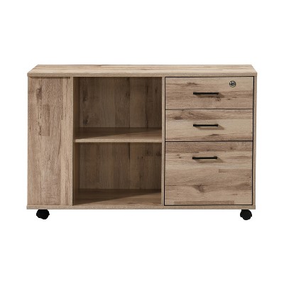 AndMakers 3-Drawer 39in. W Rolling Lateral Filing Cabinet with Locker and Open Storage Shelves for Home Office and Kids Room