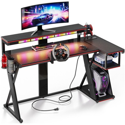 Bestier 41.6''/57'' L Shaped Gaming Desk with Monitor Stand & Power Outlet, LED Corner Computer Desk with Cup Holder & Controller Stand