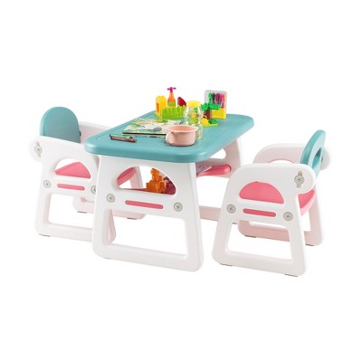 Costway 3-Piece Kids Table and Chair Set Toddler Activity Study Desk with  Building Blocks