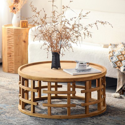 GDFStudio Jovren 31.5" Rustic Wooden Round Coffee Table with Open-Frame Base