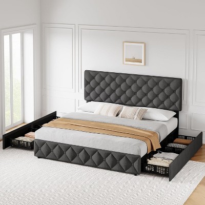Bed Frame with 4 Storage Drawers, Linen Upholstered Platform Bed Frame with Headboard and Footboard