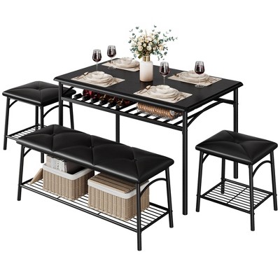 4 Piece Rectangular Kitchen Table Set, with 1 Upholstered Bench and 2 Square Stools