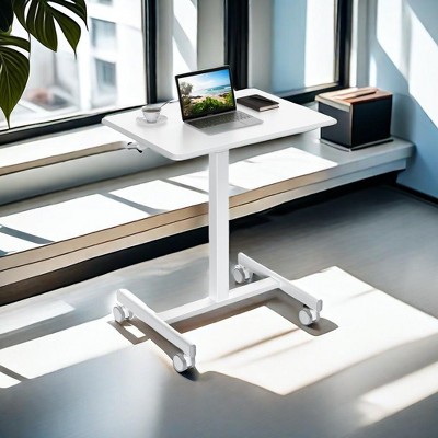 INFURNIC Desks Mobile Small Standing Desk, Portable Rolling Desk with Lockable Wheels, Laptop Computer Stand up Table for Office, White, 28"*4"*23"