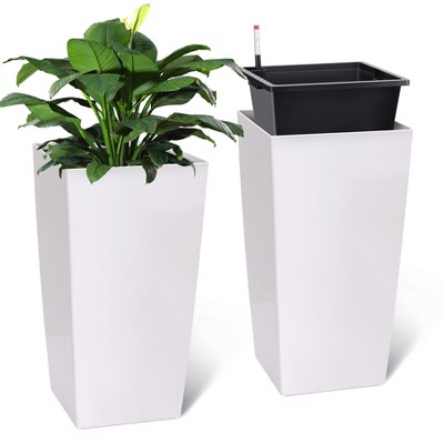 30" Tall Planters Set of 2, Outdoor＆Indoor Planter Pots, with Drainage Holes＆Water Level Monitor＆Inner Bucket, Automatic Watering, White