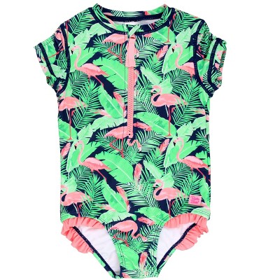 RuffleButts Girls Short Sleeve UPF50+ One Piece Rash Guard