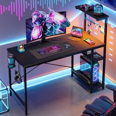 Bestier 44 inch Gaming Desk with RGB LED Light–Reversible 4-Tier Storage Shelves, Hooks, Cup holder and Magnets