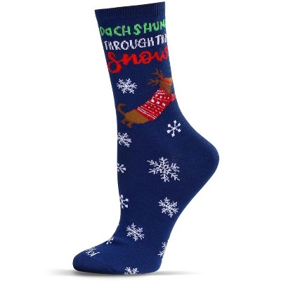 Memoi Women's Dachshund Through the Snow Holiday Crew Socks Navy 9-11