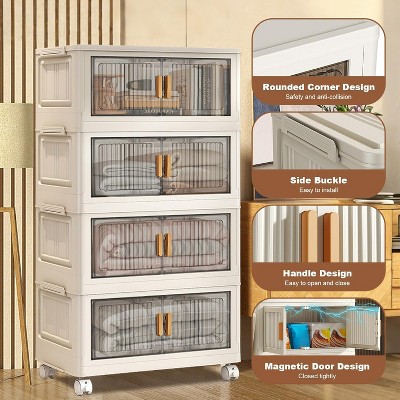 Stackable Storage Bins With Lids, 4-Tier Folding Storage Box, Collapsible Closet Organizers With Wheels for Clothing, Toys, Snacks, Sundries