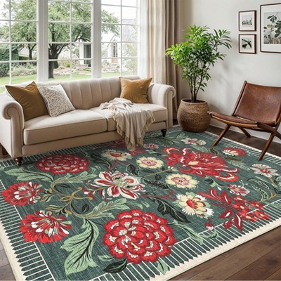Washable Area Rugs for Living Room, Floral Rug for Bedroom, Soft Low Pile Non Slip Throw Rugs