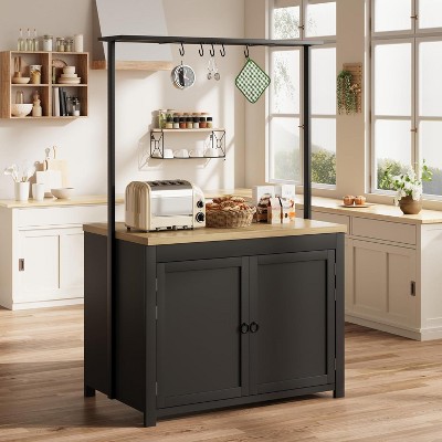 Acekool 42" White Kitchen Island with 1.2" Thick Countertop, 2-Tier Shelves & Hooks – Multi-Functional Storage Cart