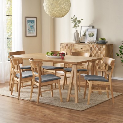 GDFStudio Isador Mid Century Modern 7 Piece Fabric Upholstered Rubberwood Dining Set