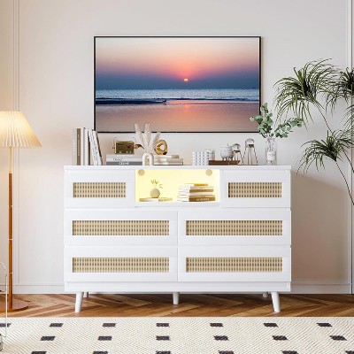 Rattan 6 Drawers Dresser for Bedroom, LED Dresser with Charging Station, Wooden Dressers & Chest of Drawers, TV Stand for Closet, Living Room